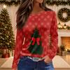 Women's Christmas Print Long Sleeve Top with Round Neck and Side Slit