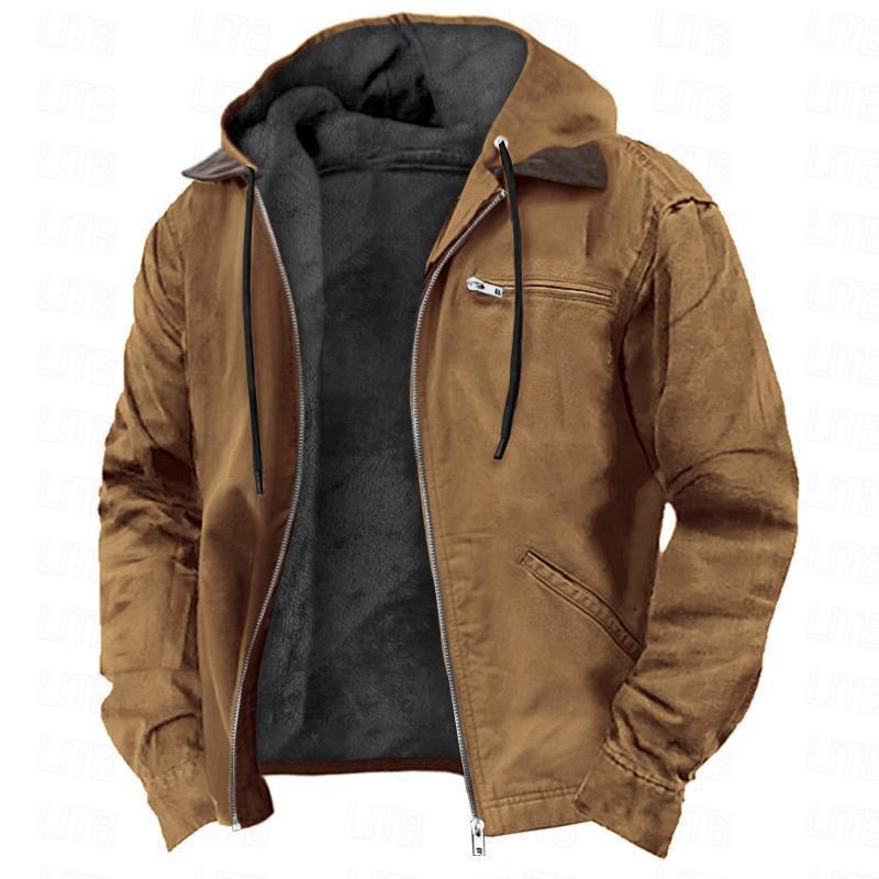 Herren Freizeit Kapuzen Fleecejacke Einfarbig Reißverschlusstasche Oberbekleidung