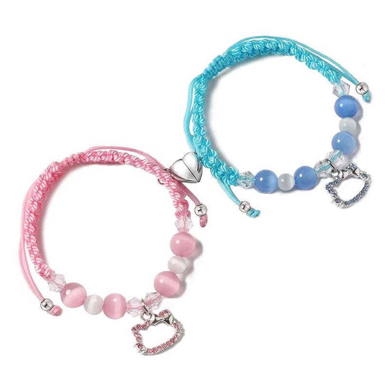 Spider Kitty Charm Bracelets Rope Heart Magnetic Matching Bracelets for Couples Crystal Beaded Bracelet Halloween Jewelry