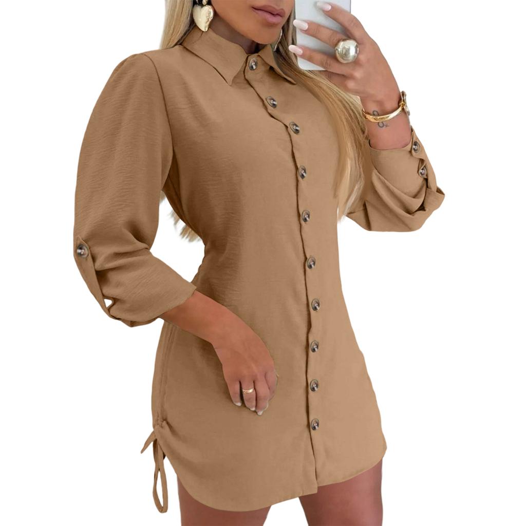 Women's Fashionable And Versatile Long-Sleeved -Color Drawstring Dress