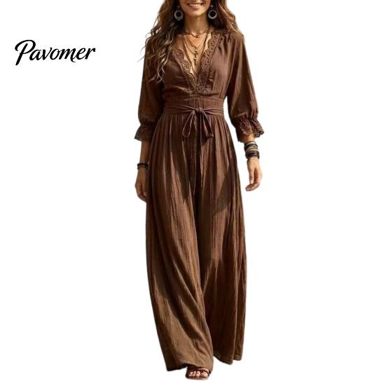 Bohemian Fall Dress Women V-Neck Lace for Fall, 3/4 Sleeves Maxi with Long Sleeve Belt, Solid Color Loose Casual Vacation Daily Wear