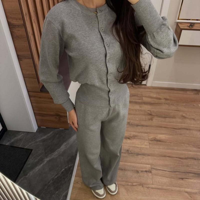 Womens Slim Fit Knit Two Piece Set Long Sleeve Button Front Top Low Waist Casual Pants