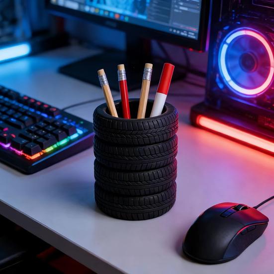 Portabolígrafos de Neumático Creativo Forma de Neumático Gran Capacidad Organizador de Escritorio para Bolígrafos Tijeras Clips de Papel Base Estable Antideslizante Decoración de Oficina