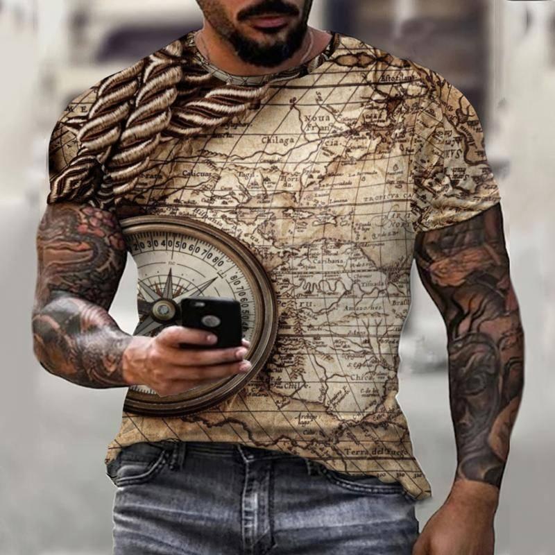 Summer Retro Compass T-shirt Men's 3D Printed T-shirt Fashionable Street Harajuku T-shirt Short Sleeved Oversized Top Men's Clothing