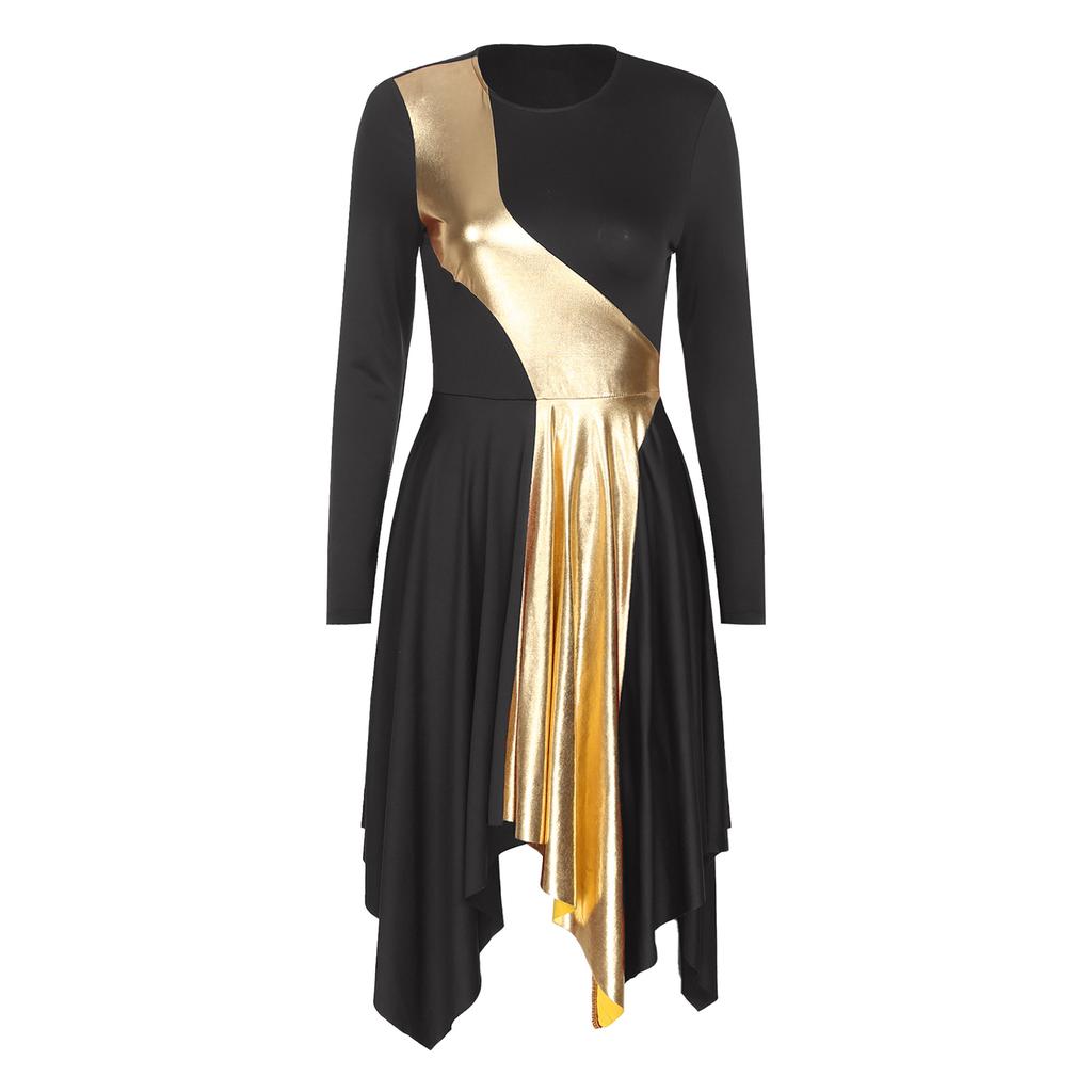 Womens Performance Dance Dress Contrast Color Patchwork Design Asymmetrical Hem Long Sleeve Church Worship Costume