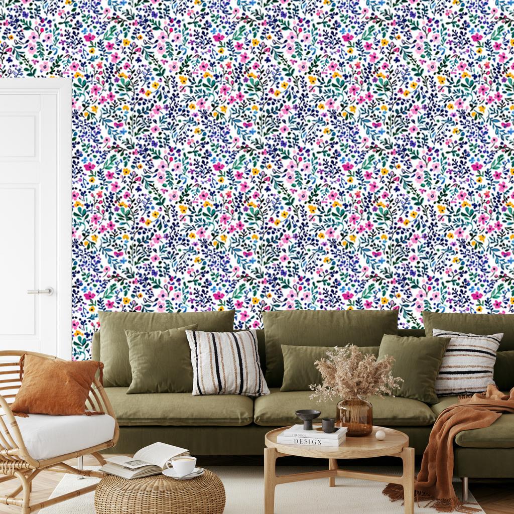Wallpaper Flowers and Leaves Blue and Light Gray 50x1000