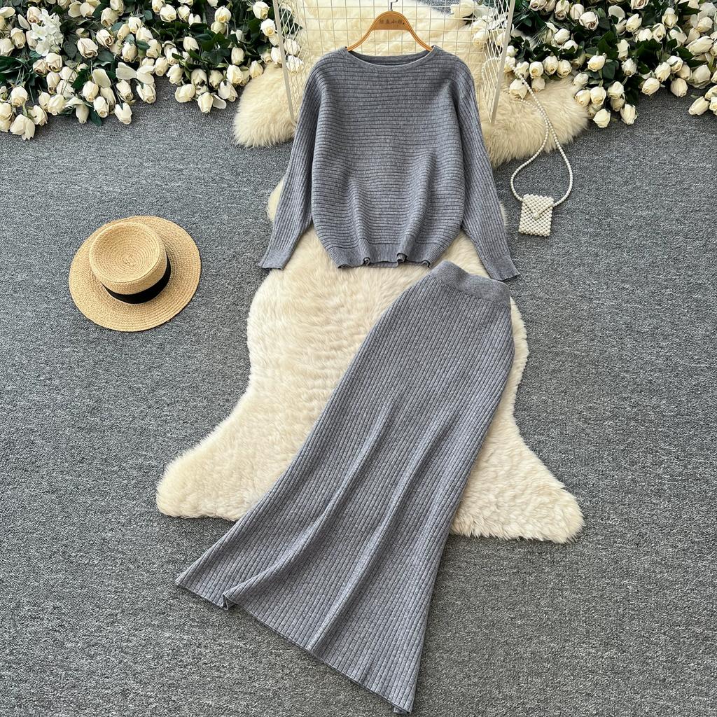 Korean Fashionable Sweater Two Piece Set Woemn's Batwing Sleeve Pullover Jumper Knit Top and High Waist Midi Skirt Sets Casual Knitted 2 Piece Sets
