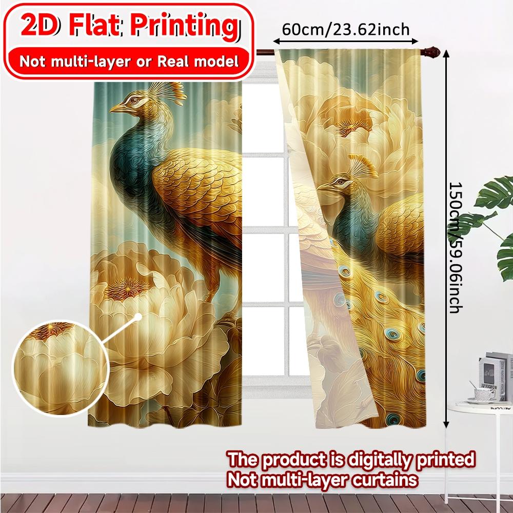 Set Of 2 Elegant Flat Printing Curtains Without Rod Peacocks Flowers New Year Festival Minimalist Prints Light Curtain Polyester