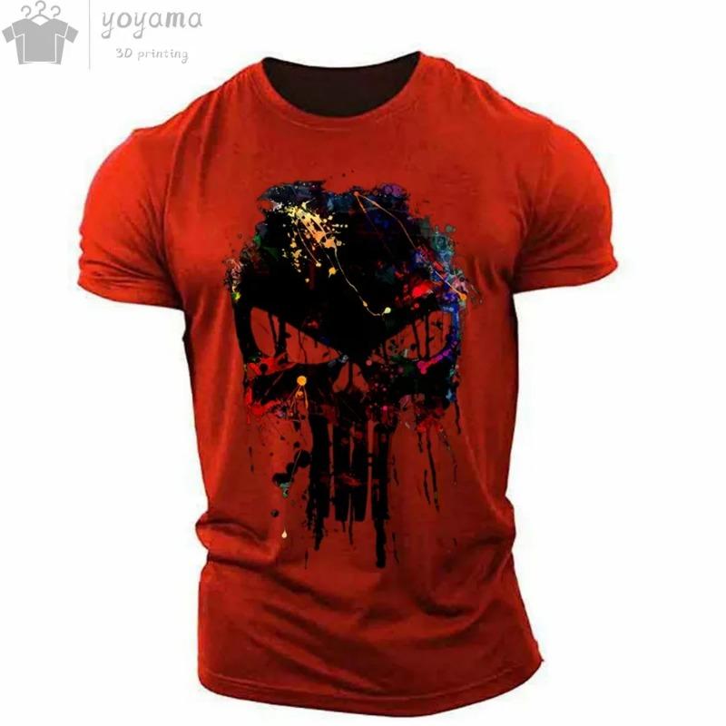 Men Sports Casual O-Neck T-Shirt, Military Patriotic Skull Print Oversized Short Sleeve Tops