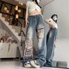 High Street Distressed Wide-Leg Ripped Jeans - Women's Autumn High-Waist Floor-Length
