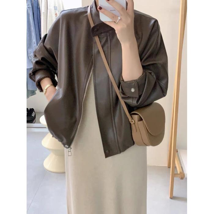 FASHION Coffee Leather Jacket Jacket Women's Leather Jacket 2024 New Popular Hong Kong Style Short Locomotive Popular This Year American Retro Clothes