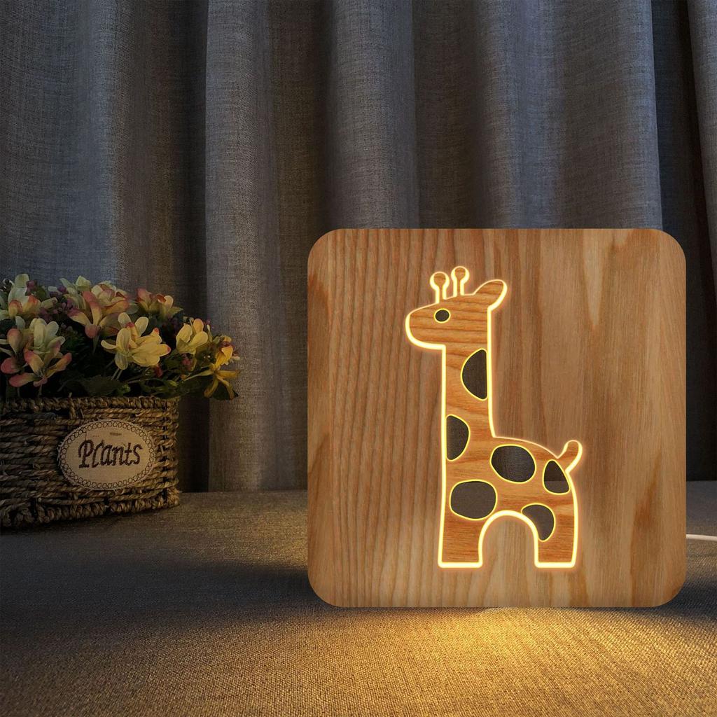 3D Giraffe Wooden Lamp 360 Degree Irradiation Hollow Pattern Warm White Light LED Wooden Night Light