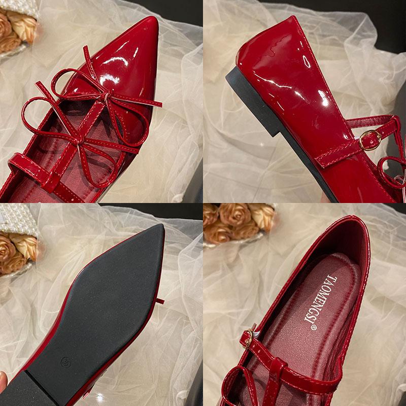 Fashion Red Footwear Fashion T-Strap Ladies Mary Janes Flats Shoes Pointed Toe Female Butterfly-Knot Shallow Flats Shoes For Women New