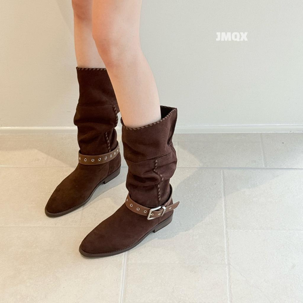 Leather stacking boots 2025 autumn and winter new thick heel buckle western cowboy british style knight boots casual boots