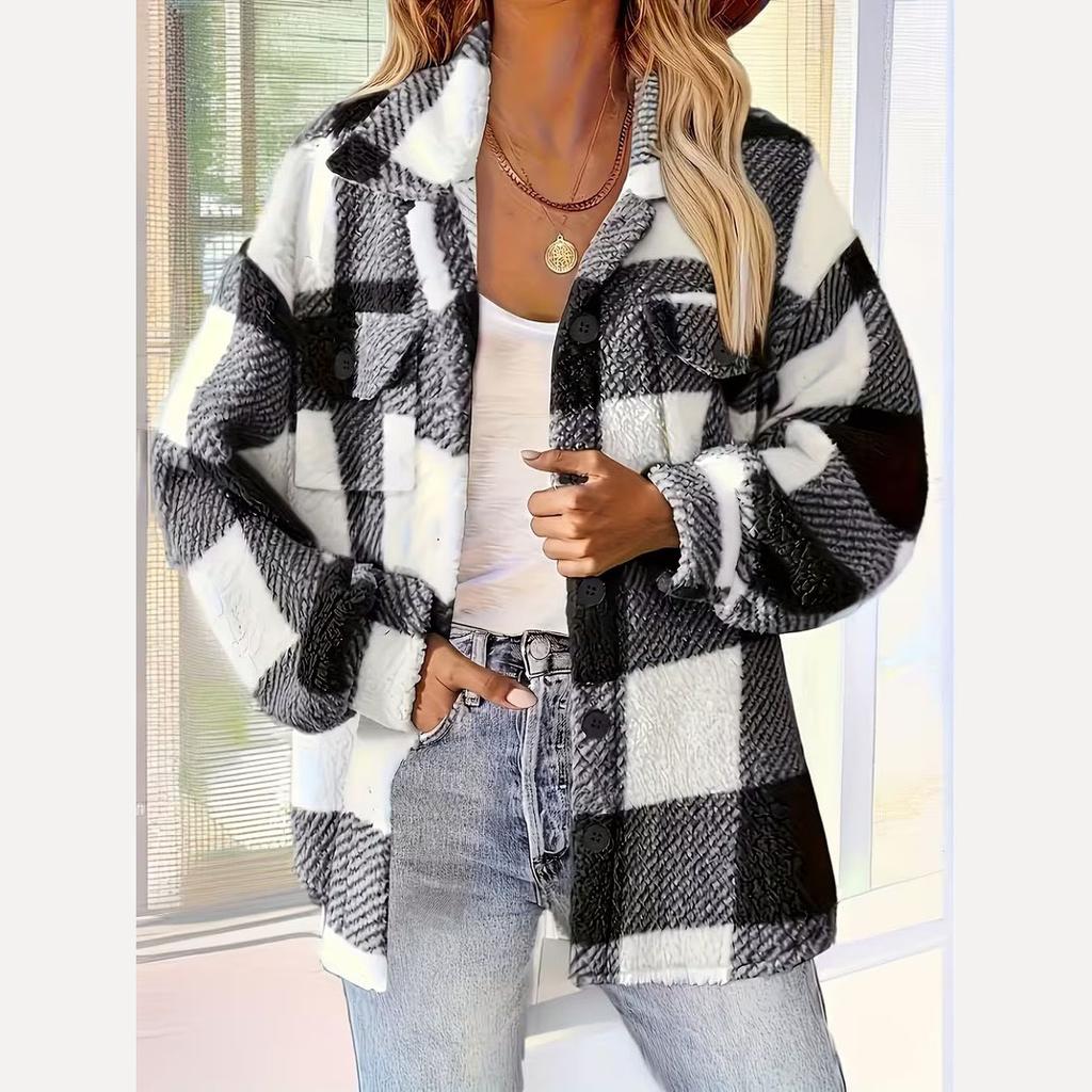 2026 New Elegant Fleece Coat with Pockets Minimalist Plaid Button-Down Jacket for Women
