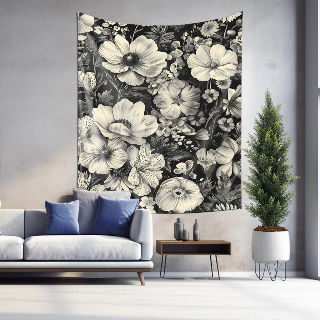Elegant Black  White Flower Tapestry Living Room Wall Art Decor