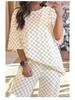 Women's Autumn Plaid Chessboard Two-Piece Set with Loose Slimming Five-Point Sleeve Top and Straight-Leg Pants