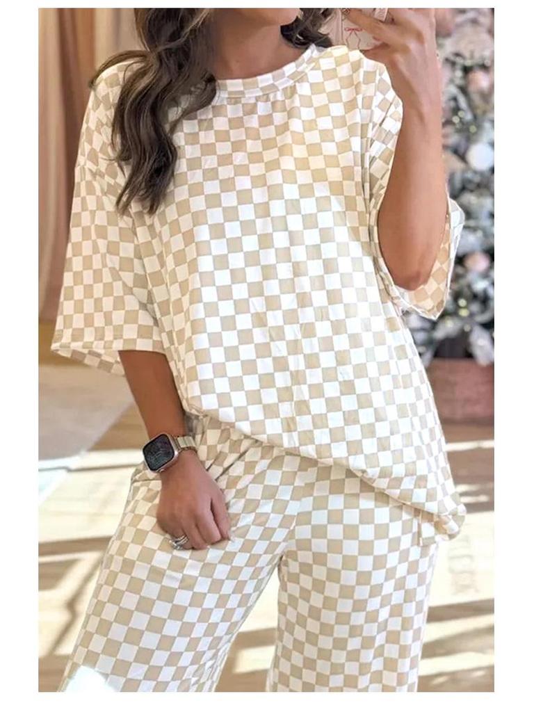 Women's Autumn Plaid Chessboard Two-Piece Set with Loose Slimming Five-Point Sleeve Top and Straight-Leg Pants