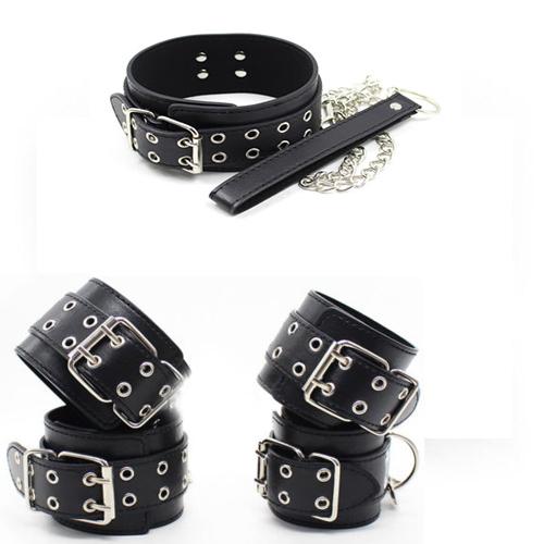 High Quality Black PU Leather Neck Collar Hand Cuffs Ankle Cuffs Sex Toys For Couples Slave Bondage   Restraints Kit