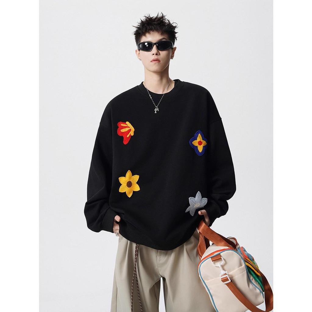 Unisex Floral Embroidered Sweatshirt - Spring & Autumn Trendy Round Neck Casual Base Layer