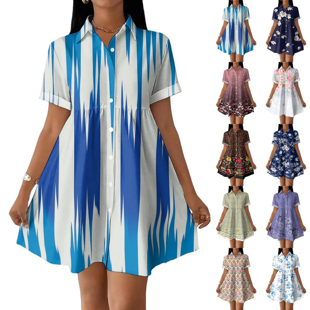 Women's Casual Loose Fit Shirt Dress Button Down Collar Short Sleeve Floral Print Summer Dress