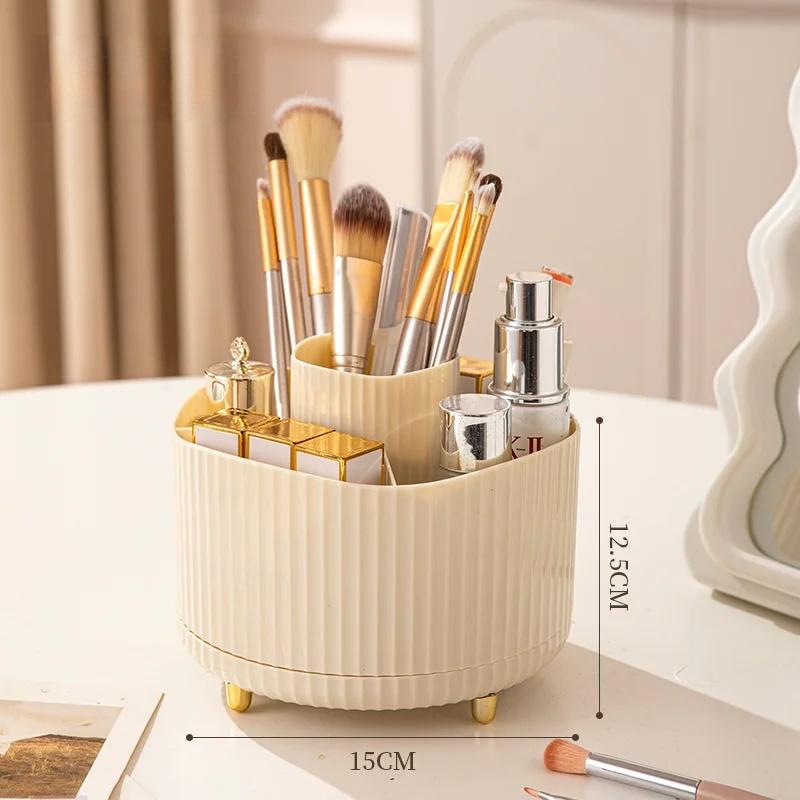 360° Rotating Makeup Organizer Large Capacity Cosmetic Storage Box with Brush Pen Holder Portable Desktop Bathroom Organizer