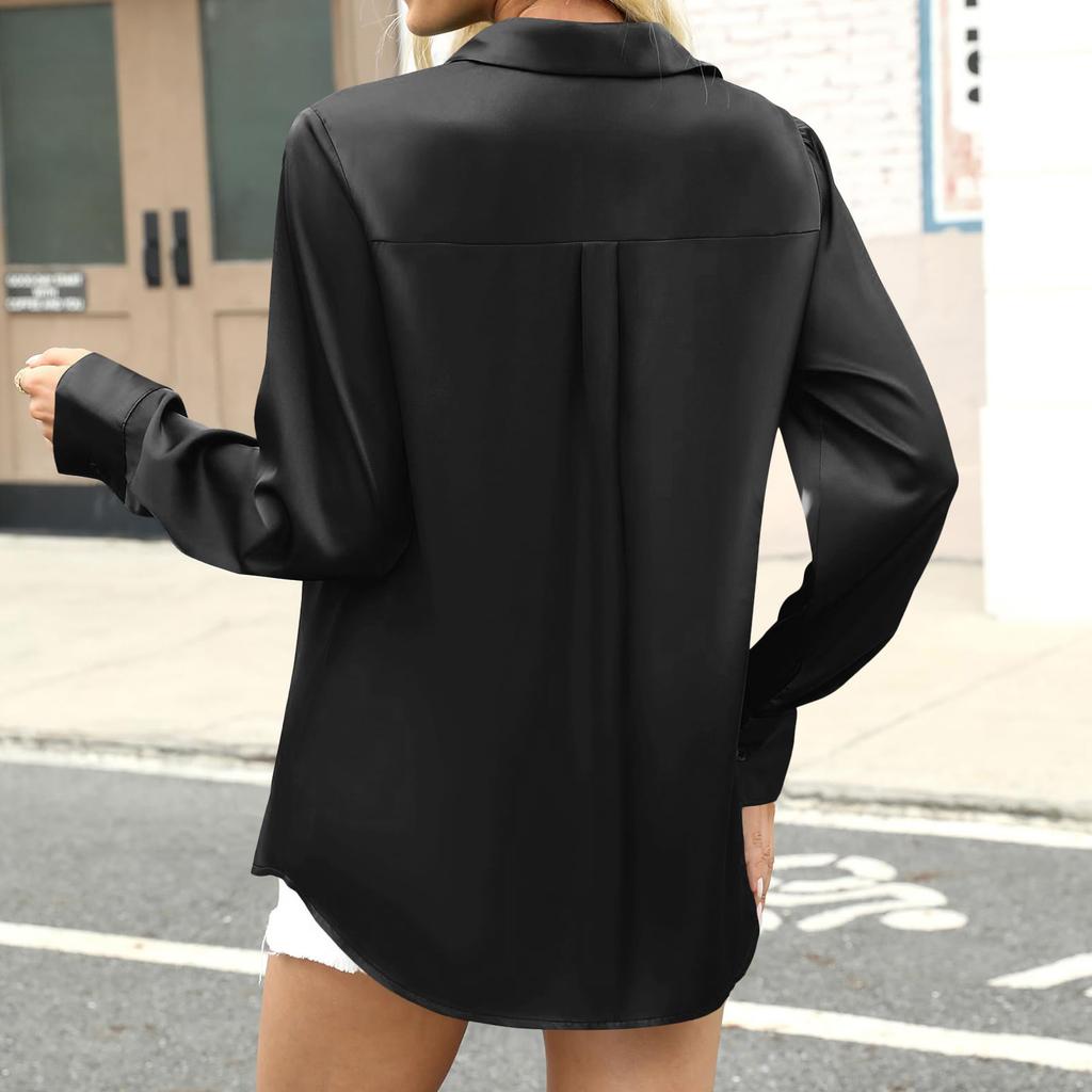 Women's Fashion Casual Solid Color Split Button Long Sleeve Shirt Top