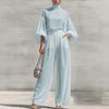 Women's Two Piece Outfit Color Stand Collar Puff 3/4 Sleeve Top and High Waist Wide Leg Pants Casual Set