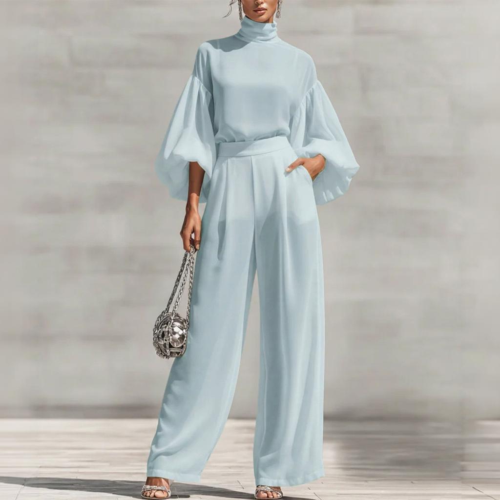 Women's Two Piece Outfit Color Stand Collar Puff 3/4 Sleeve Top and High Waist Wide Leg Pants Casual Set