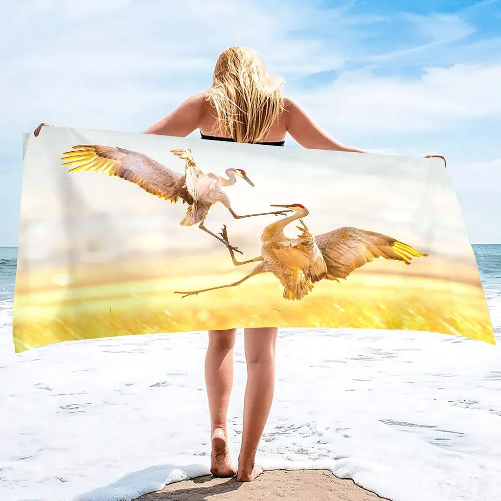 White Crane Print Beach Towel,Extra Large Pool Swim Travel Soft Towels Blanket Bulk Camping Cruise Lounge Chair Cover Gift