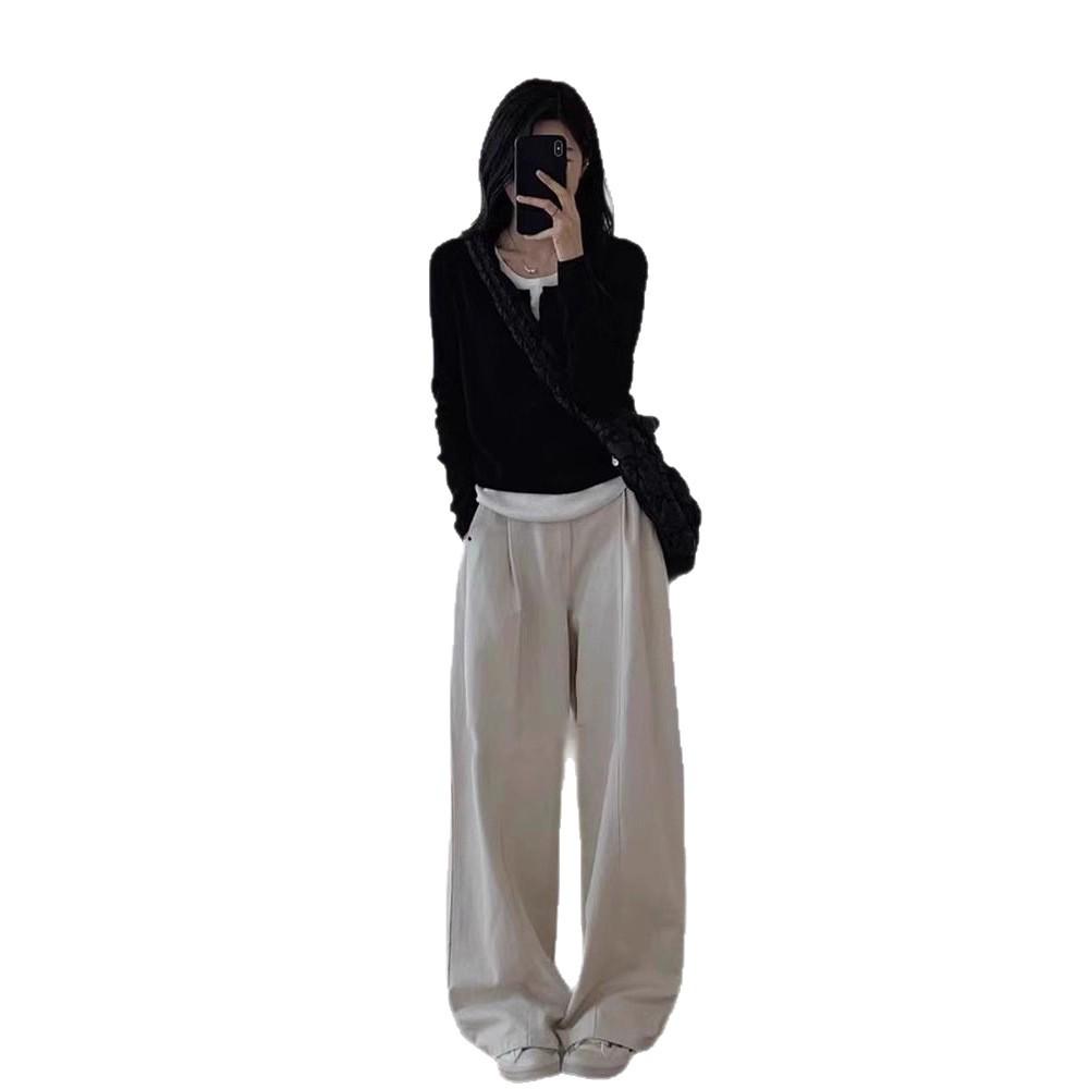 Two-Piece Effect Plus Size Black Long Sleeve T-Shirt - Women's Korean Style Irregular Patchwork Slimming Top