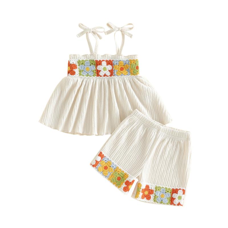 Girls Suit Summer Fashion Children Style Flower Crochet Spaghetti Strap Tops and Shorts Two-piece Girls Clothing Sets