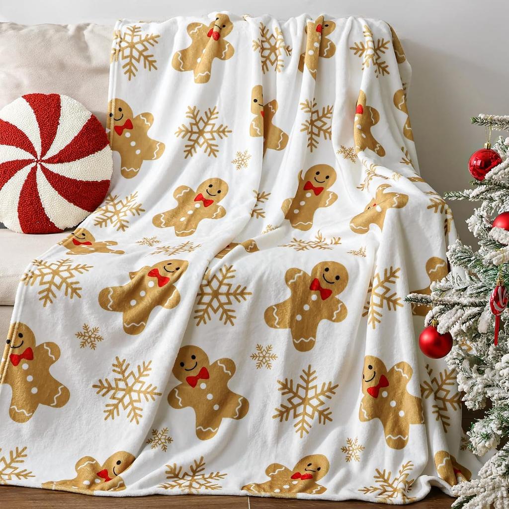 Christmas Gingerbread Throw Blanket: Ultra Soft White Flannel Plush Gingerbread Man Bed Blanket, Lightweight Cozy Christmas