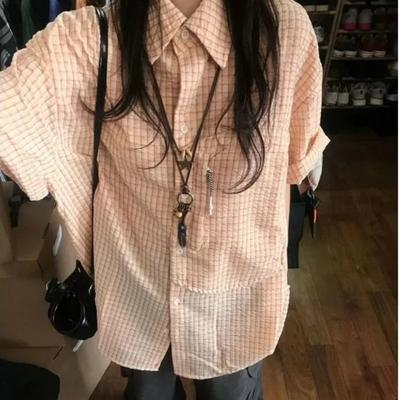 Women's Solid Color Plaid Shirt Japanese Summer Vintage Pockets Short Sleeved Lady Blouse Lapel Collar Loose Casual Top