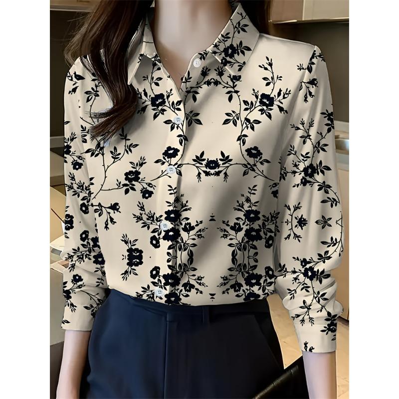New Women's Lapel Long Sleeve Shirt Casual Loose Hundred Fashion Trend Flower Pattern Ladies Daily Outdoor Travel Clothing