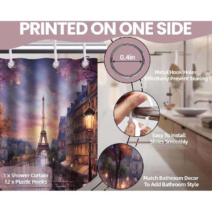 Vintage Paris Shower Curtain Eiffel Tower French Cityscape Shower Curta for Bathroom Decor Set, Waterproof Fabric with Hooks (70''W x 72''L)