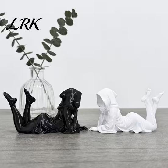 Niche Art Ornament 3D Printed Lying Robe Girl Statue, Modern Minimalist Hooded Lazy Quiet Atmosphere Decor Woman Desktop Decoration, Elegant Sculpture