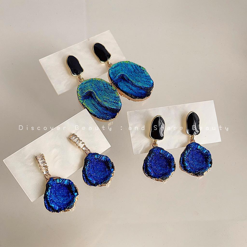 Blue Textured Zircon Earrings for Women Personalized Exaggerated Light Luxury Artistic Statement Jewelry Trendy Gift