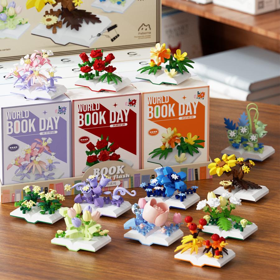 Creative Plastic Flowers Book Series Micro Building Blocks Educational Kids Toys Desktop Decoration Gift for Mother's Day