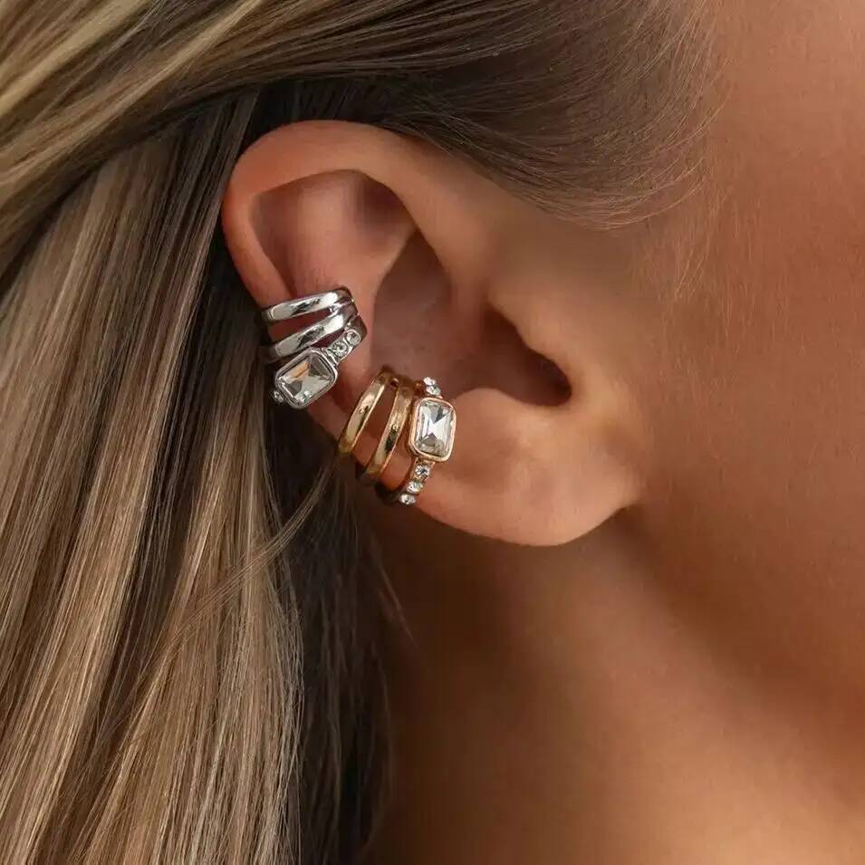 Ingemark Minimalism Rhinestone Multi-layer Clip Earring for Women Exquisite C Shape Non-Piercing Ear Clip Set Trendy New Jewelry