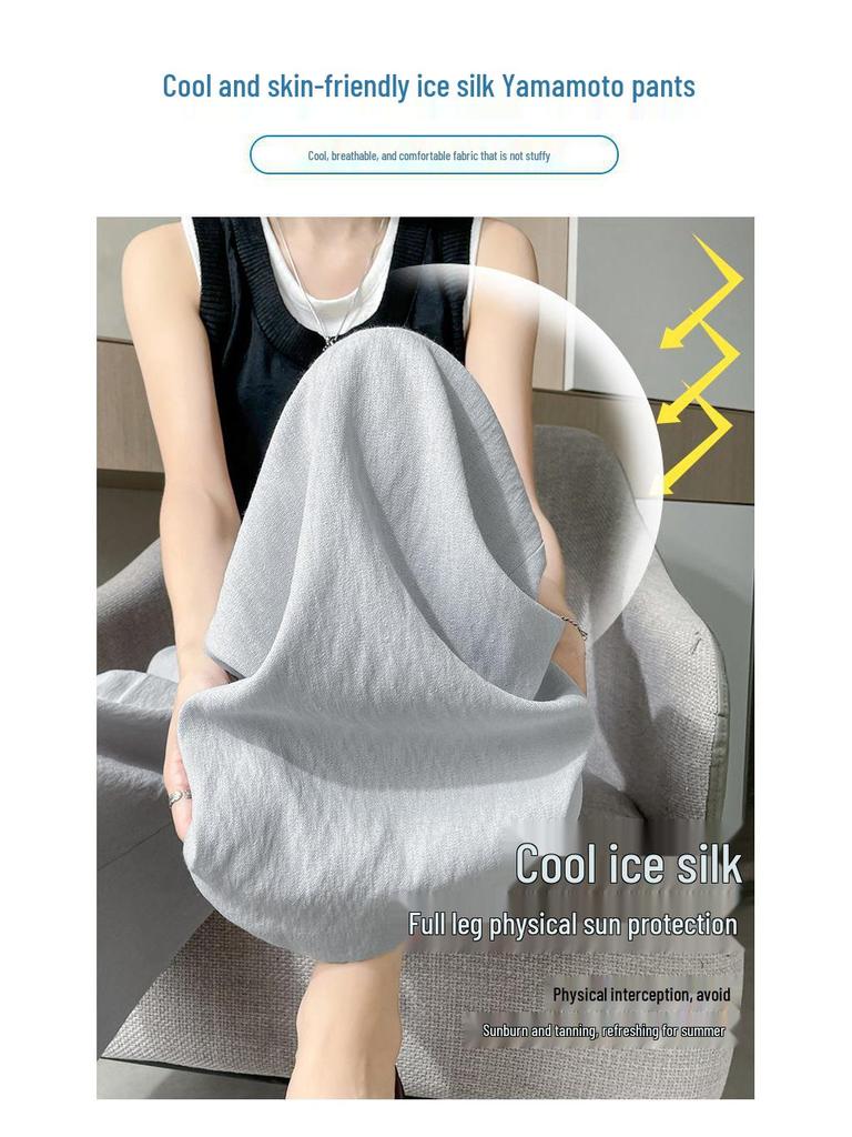 2026 Women's Ice Silk High Waist Wide-Leg Pants: Slimming, Drape, Casual, Loose, Milk Puff Style for Summer