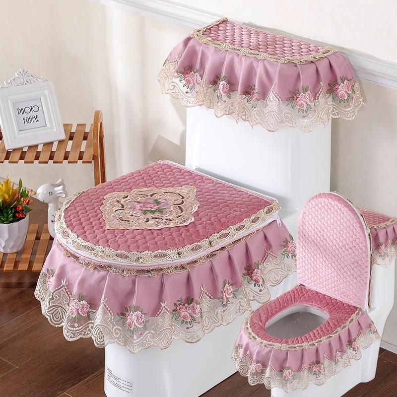 3pcs/Set Lace Embroidery Detachable Toilet Cover Cloth Dustproof Soft Toilet Seat Ring Cushion Home Decoration Toilet Cover