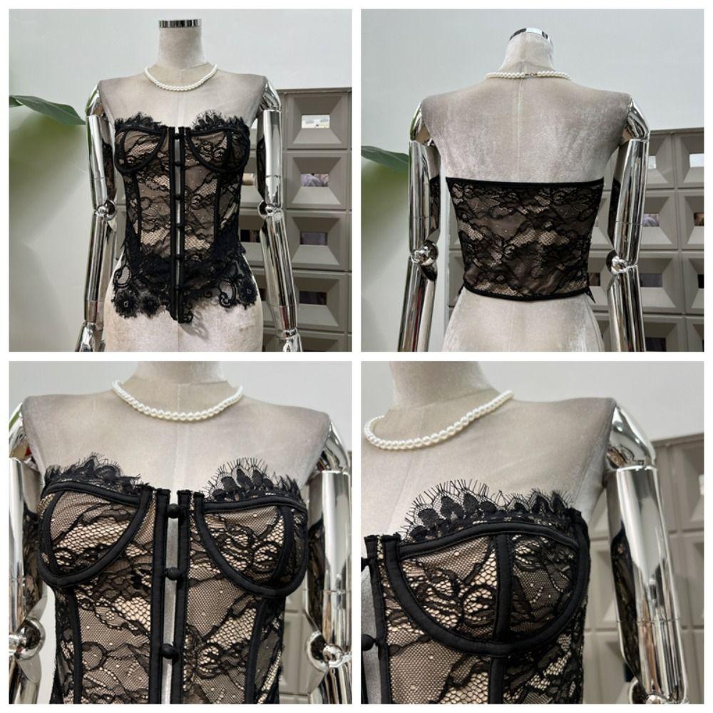 Transparent Lace Long Corset Flower Suspender Vest Elastic Sleeveless Crop Tops  Travel