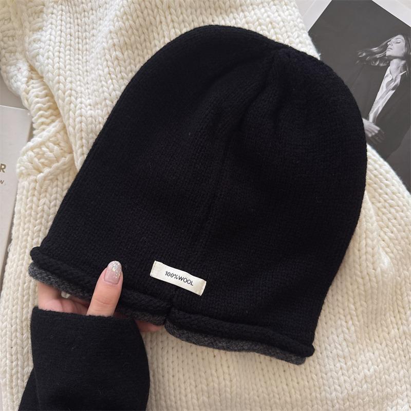 

Australian Wool Knitted Color Blocked Rolled Up Headpiece Autumn and Winter Ear Protecting Cold Hat Versatile Pile Cap One size