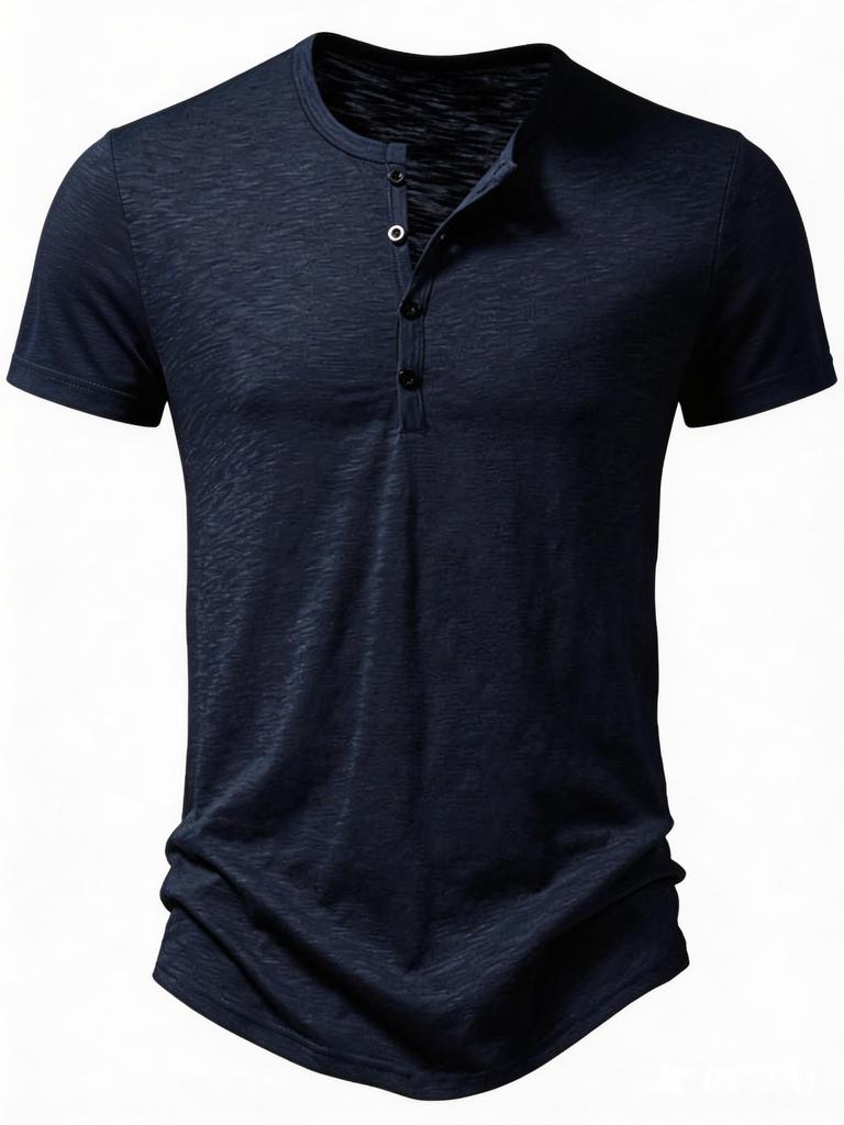 Mens Casual Solid Color Henley Collar Short Sleeve T Shirt