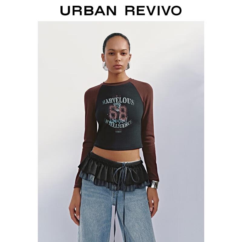 UR 2025 Autumn Women s Retro Print Colorblock Slim T-shirt S