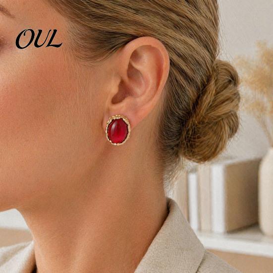 Hypoallergenic Feel Earrings 1 Pair Vintage Oval Stud for Women, Retro Statement Commuter Accessories Office Gemstone Earrings, Gold Frame Chunky