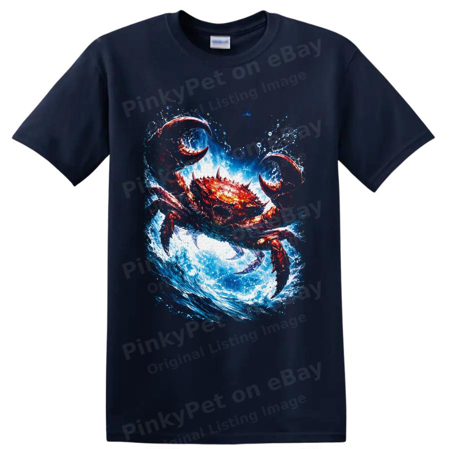 Crab T Shirt W/ Ocean Wave Red Blue Aquatic Animal Fantasy Sea Art Graphic Tee