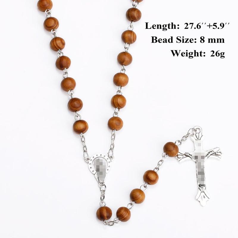 8MM Wood Rosary Beads Necklace For Women Men Catholic Jesus Christ Cross Crucifix Pendant Long Chain Religious Zircon