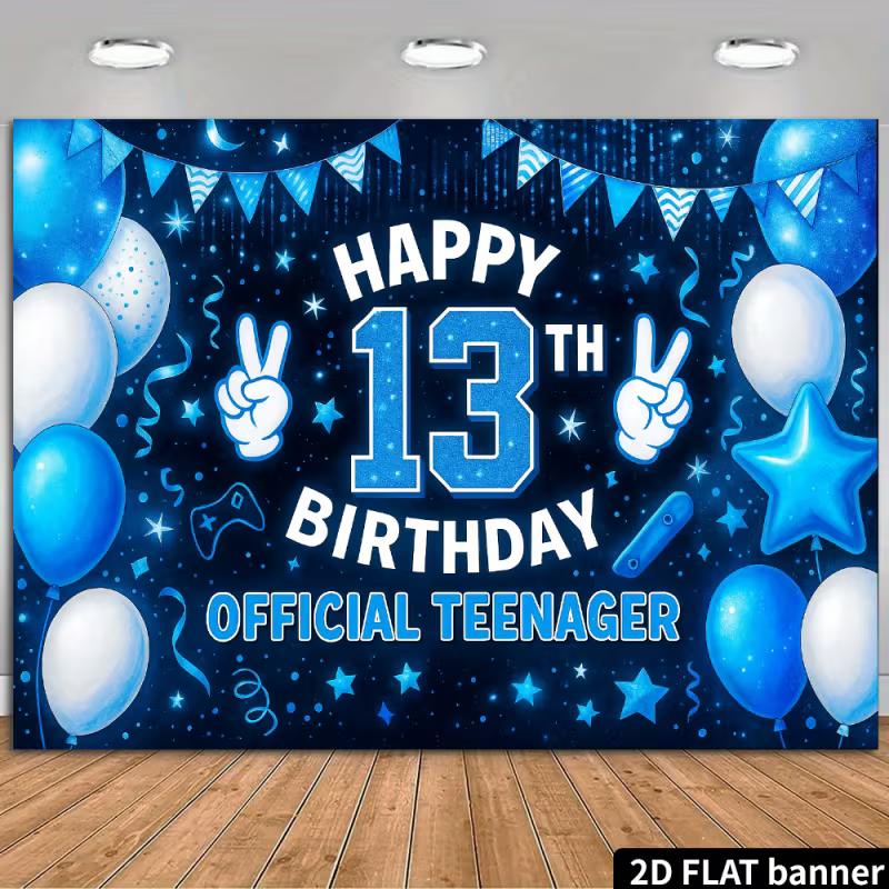 

2D 13th Happy Birthday Backdrop - Blue Star Glitter Banner for Boys 13th Birthday Photoshoot Party Decor 47.2x31.5inch/120*80cm